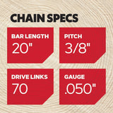 E70 70 Link Replacement Chainsaw Chain For 20-in, 0.05-in Gauge, 3/8-in Pitch E70-21