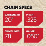 H78 78 Link Replacement Chainsaw Chain For 20-in, 0.05-in Gauge,0.325-in Pitch H78-21