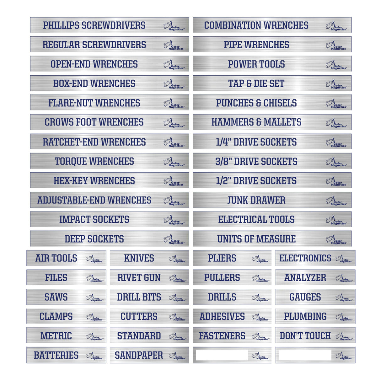 Set of 48 Plain Blue on Brushed Silver Magnetic Toolbox Labels Magnetic Accessory GMLB111