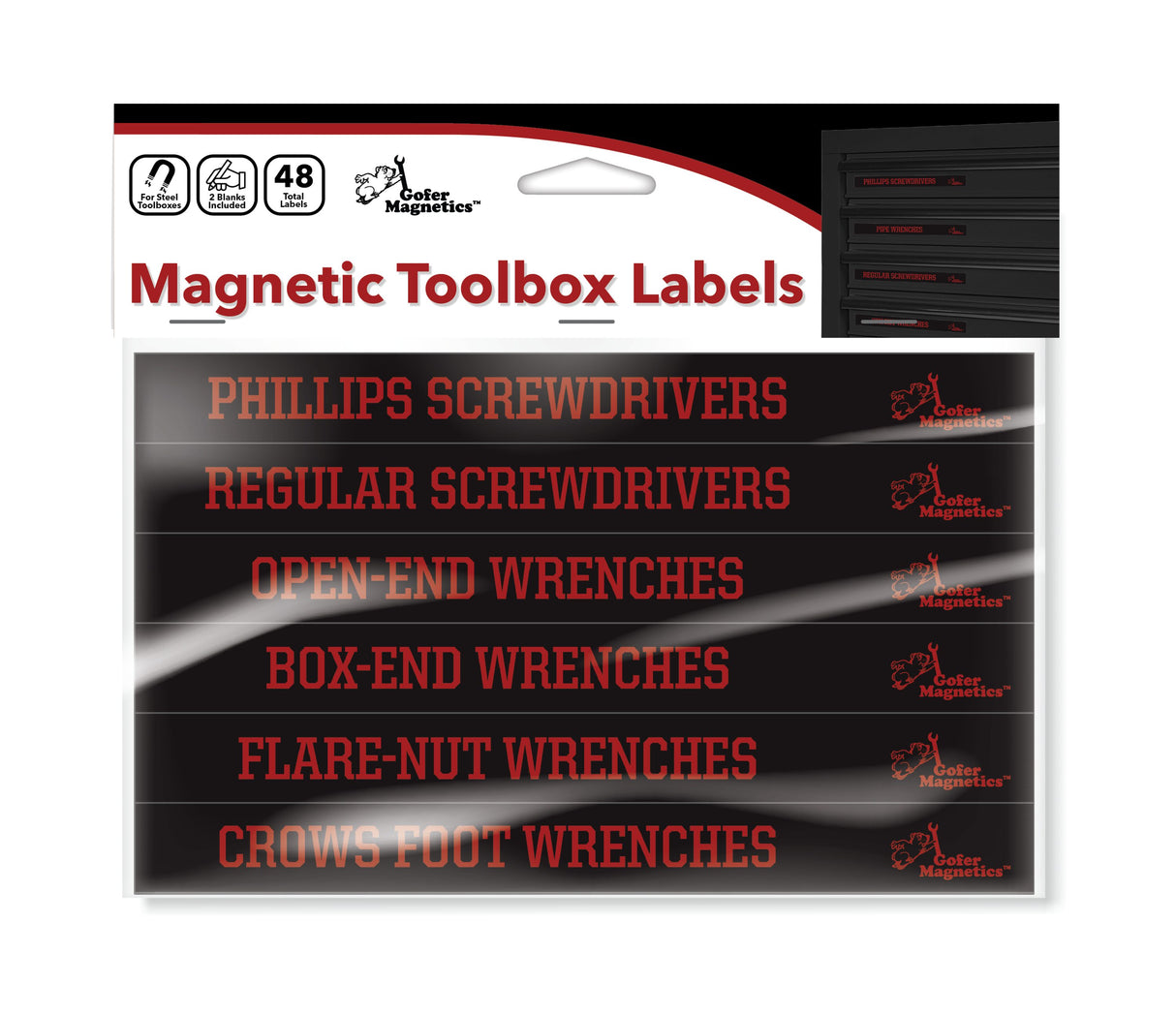 Set of 48 Plain Red on Black Magnetic Toolbox Labels Magnetic Accessory GMLB110