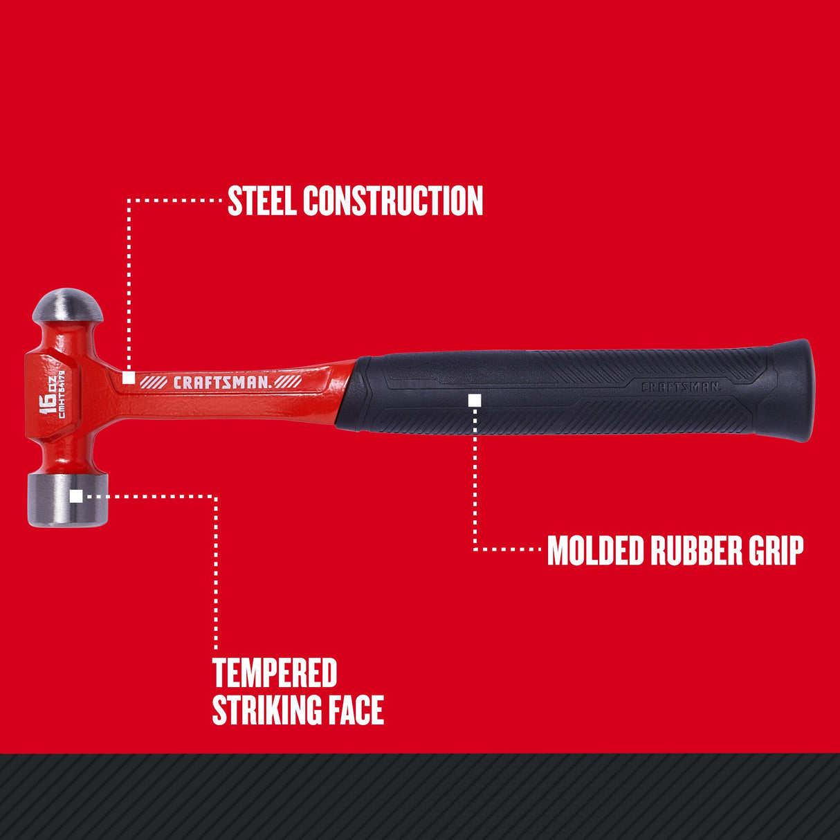 16-oz Rounded Face Steel Head Steel Ball Peen Hammer CMHT54179