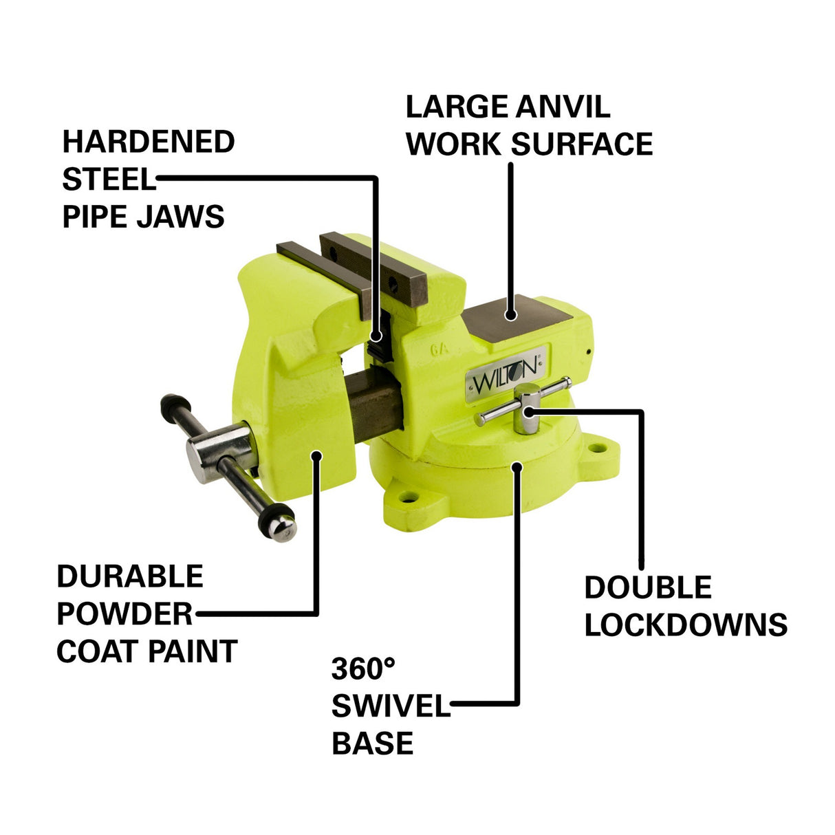 5-in Bench Vise, 5-1/4-in Jaw Opening, 3.075-in Throat Depth, Green Color, OSHA Compliant 63187