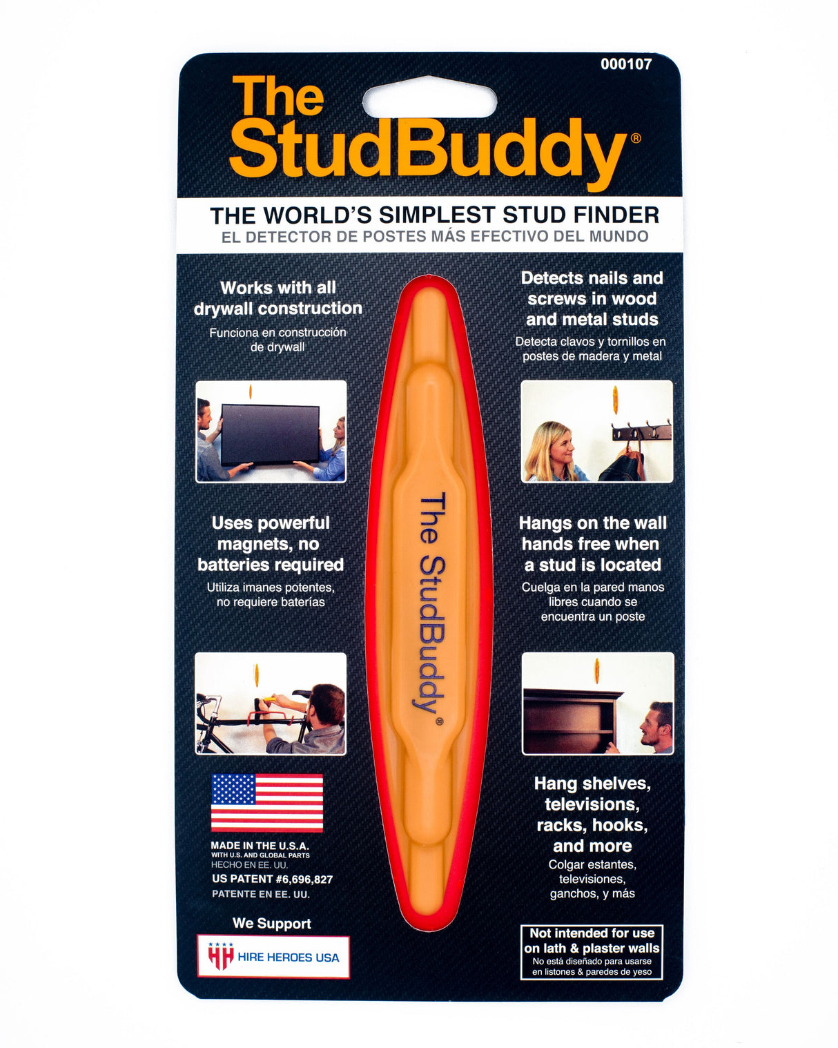 Simplest Stud Finder for Metal and Wood Studs - Made in USA - Orange Plastic Magnetic Design 107