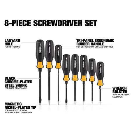 Standard Screwdriver Set 8-Piece Bi-material Handle Magnetic Assorted Drive Screwdriver Set TB-H5S8-A