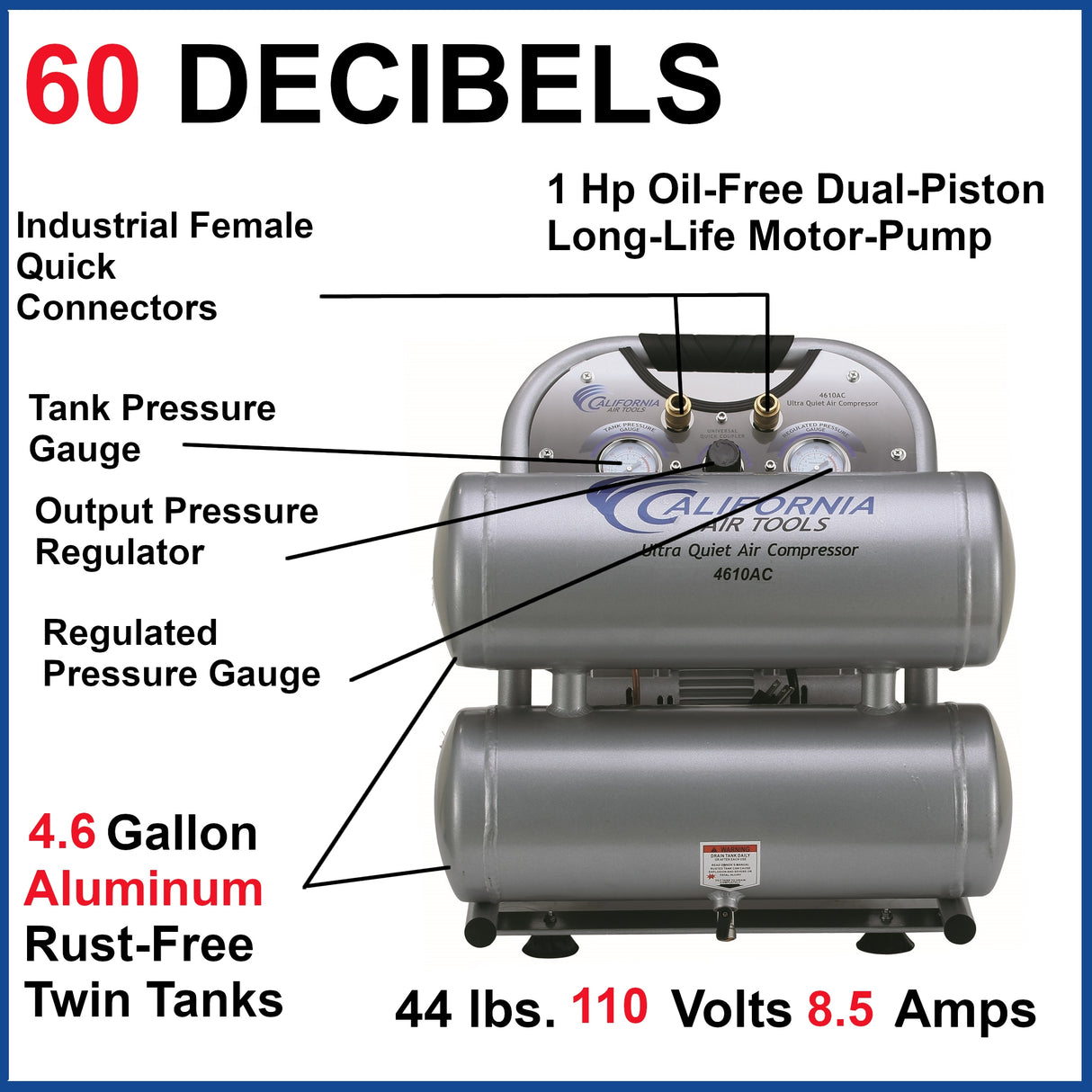 4.6-Gallon Electric 120 PSI Twin Stack Quiet Air Compressor 4610AC