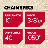 S40 40 Link Replacement Chainsaw Chain For 10-in, 0.05-in Gauge, 3/8-in Pitch S40-21