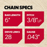 R28 28 Link Replacement Chainsaw Chain For 6-in, 0.043-in Gauge, 3/8-in Pitch R28