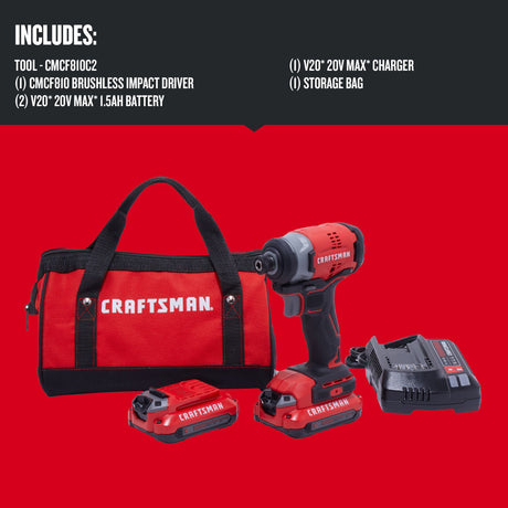 20V Max Brushless Cordless Impact Driver (2-Batteries Included, Charger Included and Soft Bag included) CMCF810C2