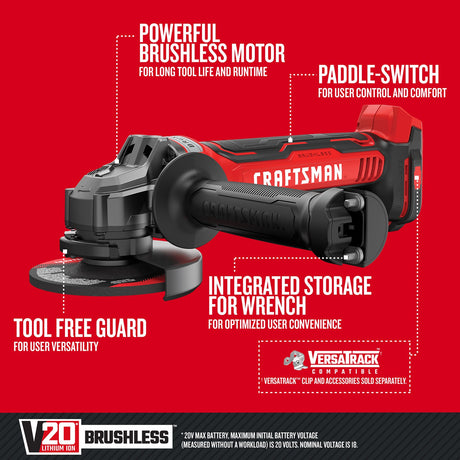 V20 4.5-in 20-volt Max Paddle Switch Brushless Cordless Angle Grinder (Tool Only) CMCG450B