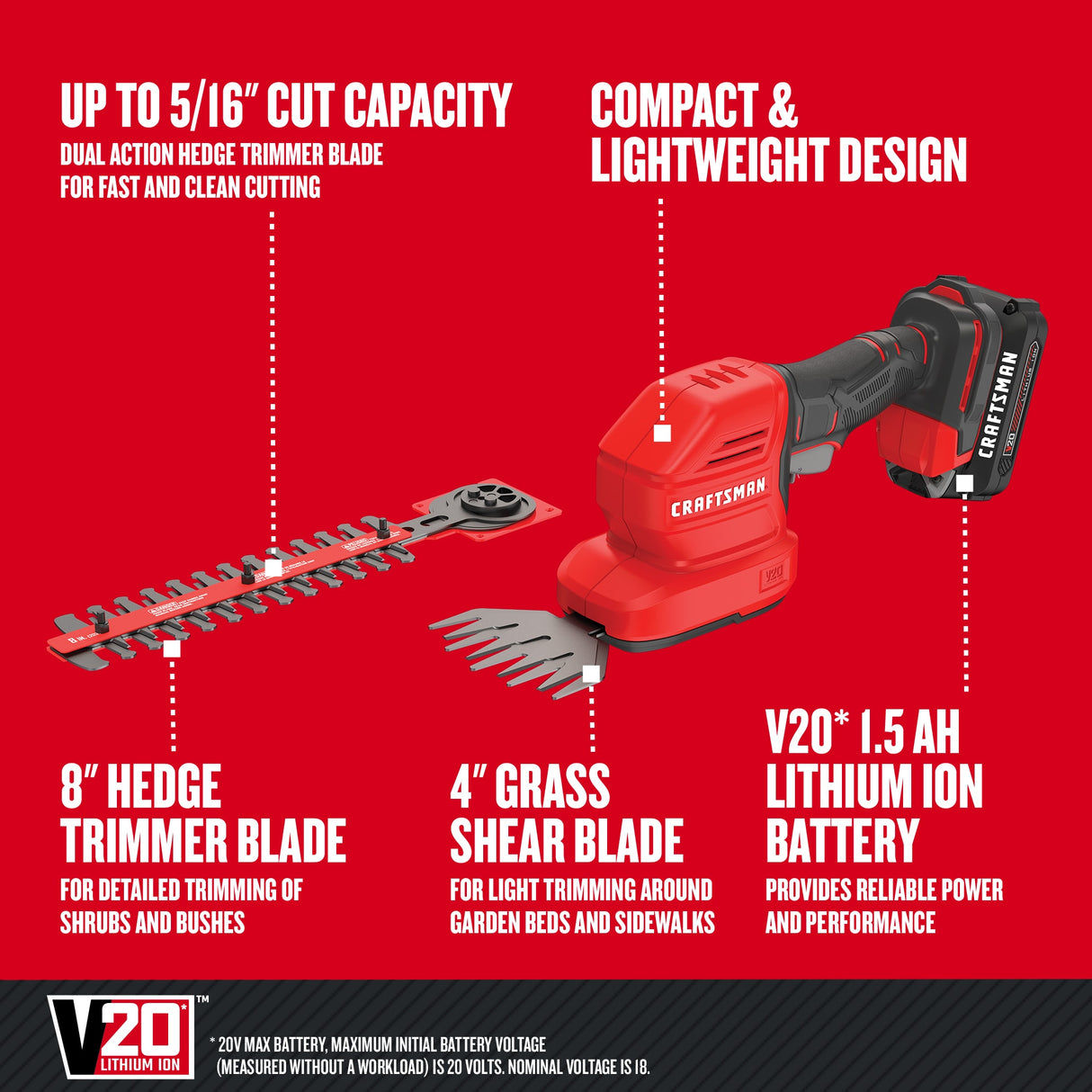 20V Max 8-in Battery Hedge Trimmer 1.5 Ah (Battery and Charger Included) CMCSS800C1