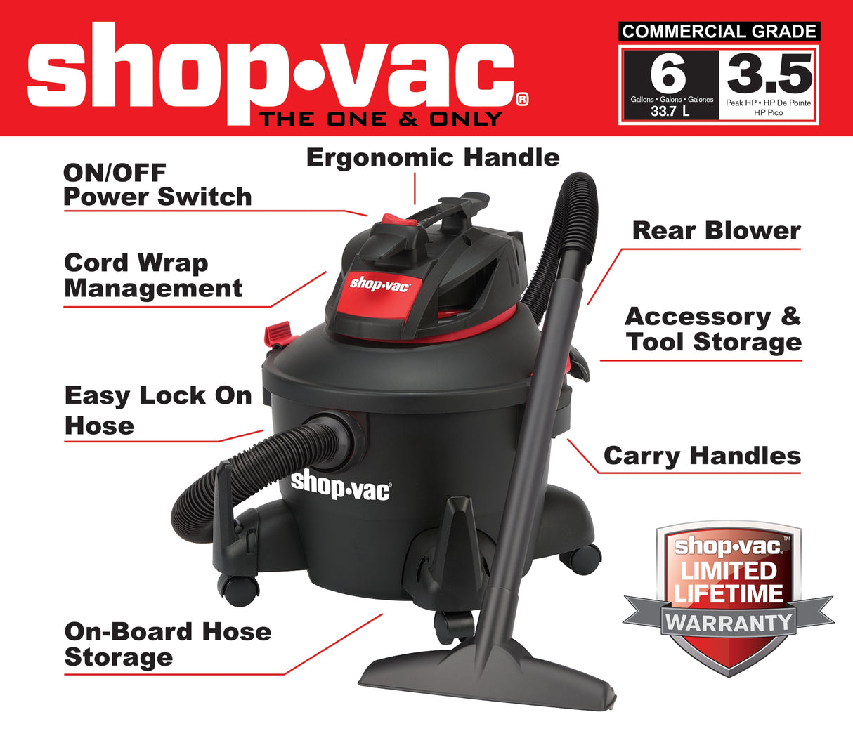 6-Gallon 3.5-HP Corded Wet/Dry Shop Vacuum with Accessories Included 5760611