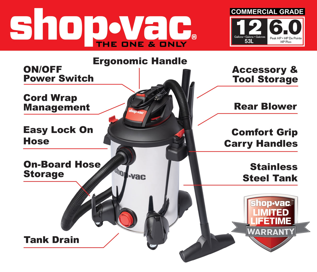 12-Gallons 6-HP Corded Wet/Dry Shop Vacuum with Accessories Included 5761311