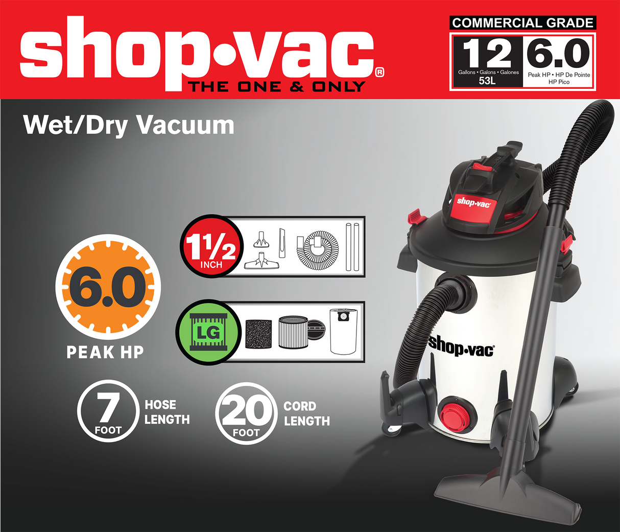 12-Gallons 6-HP Corded Wet/Dry Shop Vacuum with Accessories Included 5761311