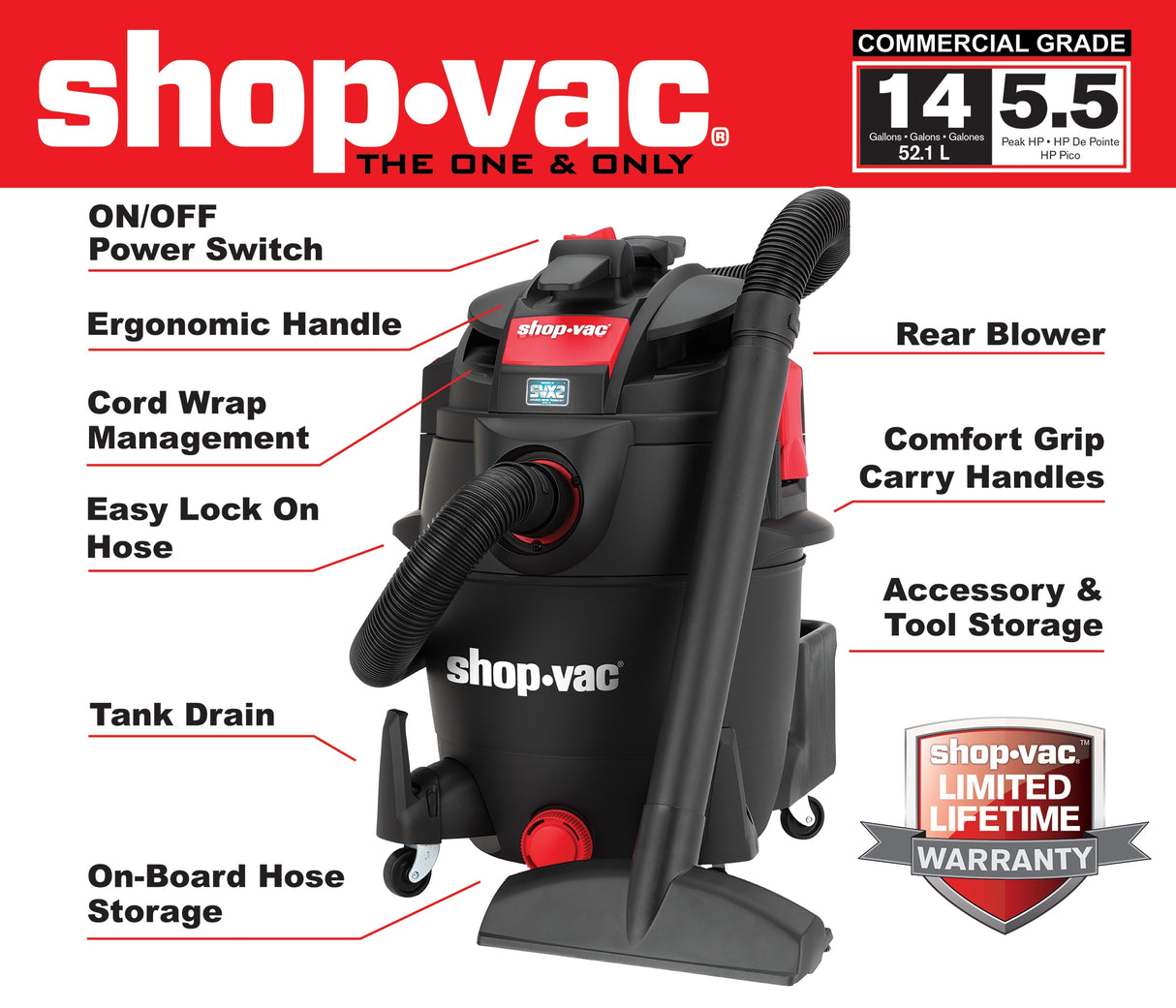 14-Gallons 5.5-HP Corded Wet/Dry Shop Vacuum with Accessories Included 5801411