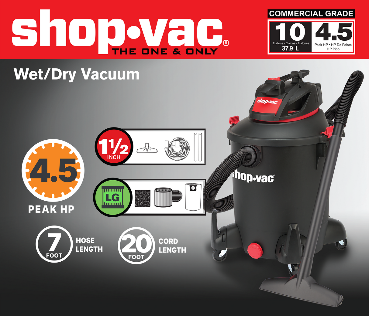 10-Gallons 4.5-HP Corded Wet/Dry Shop Vacuum with Accessories Included 5761011