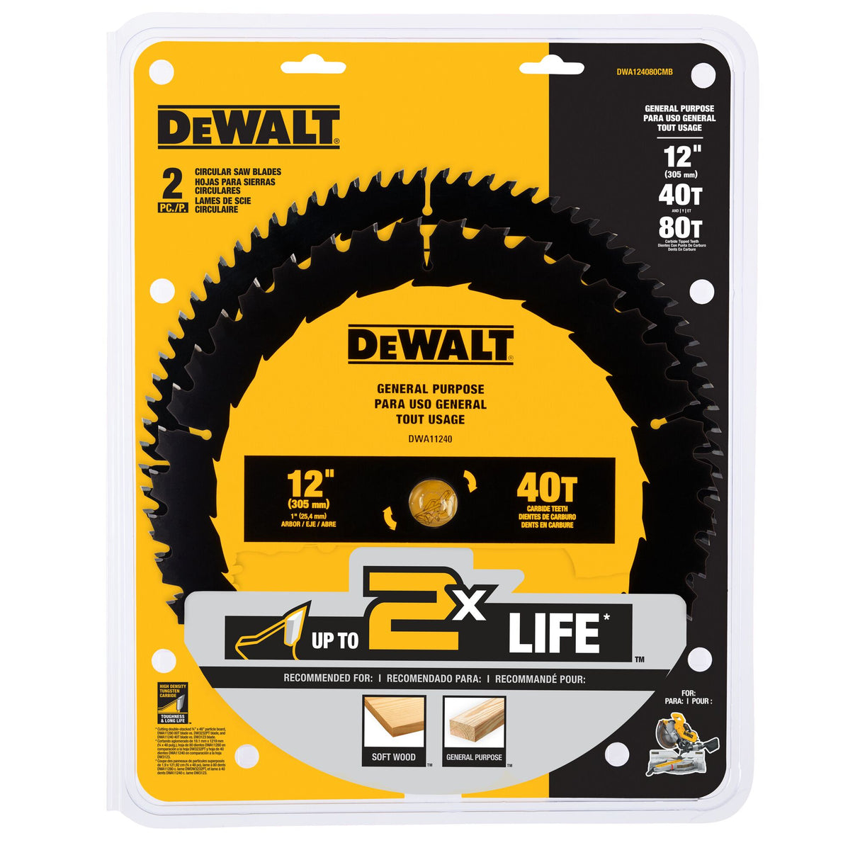 12-in 40 and 80-Tooth Fine/Rough Finish Tungsten Carbide-tipped Steel Miter Saw Blade Set (2-Pack) DEW-DWA124080CMB