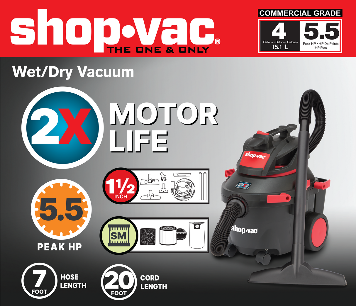 4-Gallon 5.5-HP Corded Wet/Dry Shop Vacuum with Accessories Included 5830411