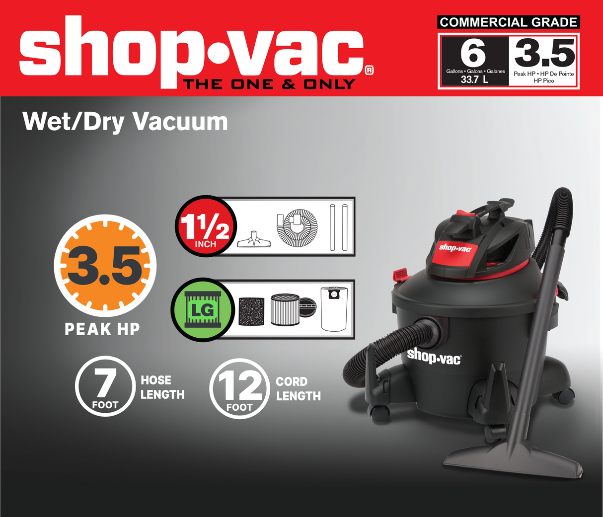 6-Gallon 3.5-HP Corded Wet/Dry Shop Vacuum with Accessories Included 5760611