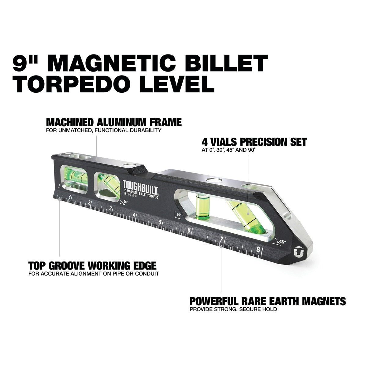 Aluminum 9-in 4 Vial Magnetic Torpedo Level TB-H2-L-9T-M