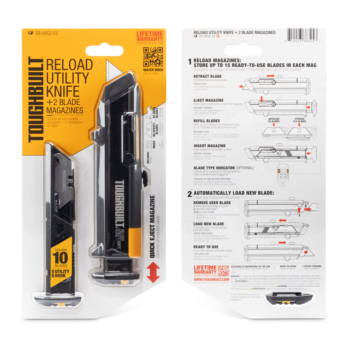 Reload Utility Knife with 2 Mags 3/4-in 10-Blade Retractable Utility Knife with On Tool Blade Storage TB-H4S2-03