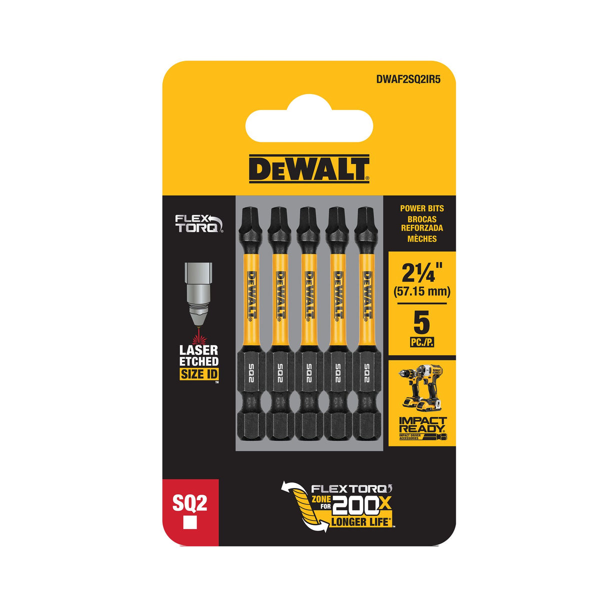 FlexTorq 1/4-in x 2-in Square/Robertson Impact Driver Bit (5-Piece) DWAF2SQ2IR5