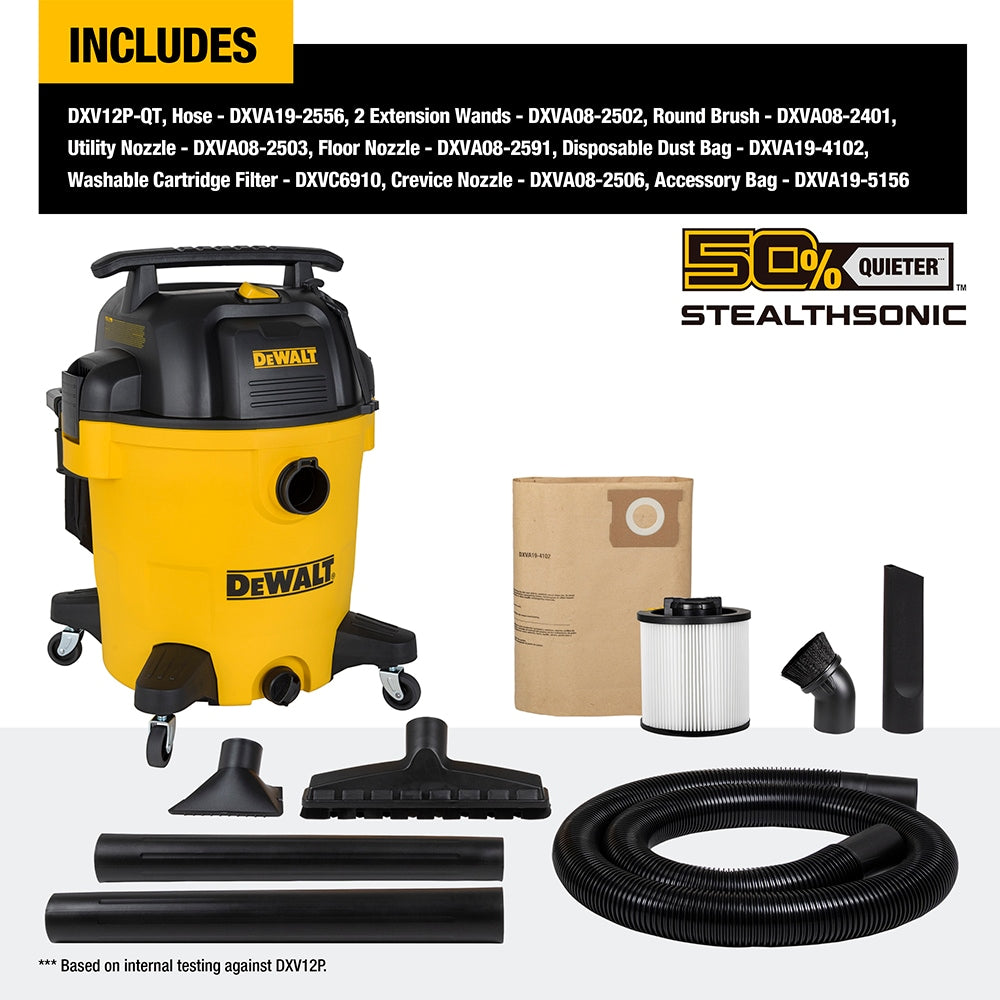 Stealthsonic Quiet 12-Gallons 5.5-HP Corded Wet/Dry Shop Vacuum with Accessories Included DXV12P-QT