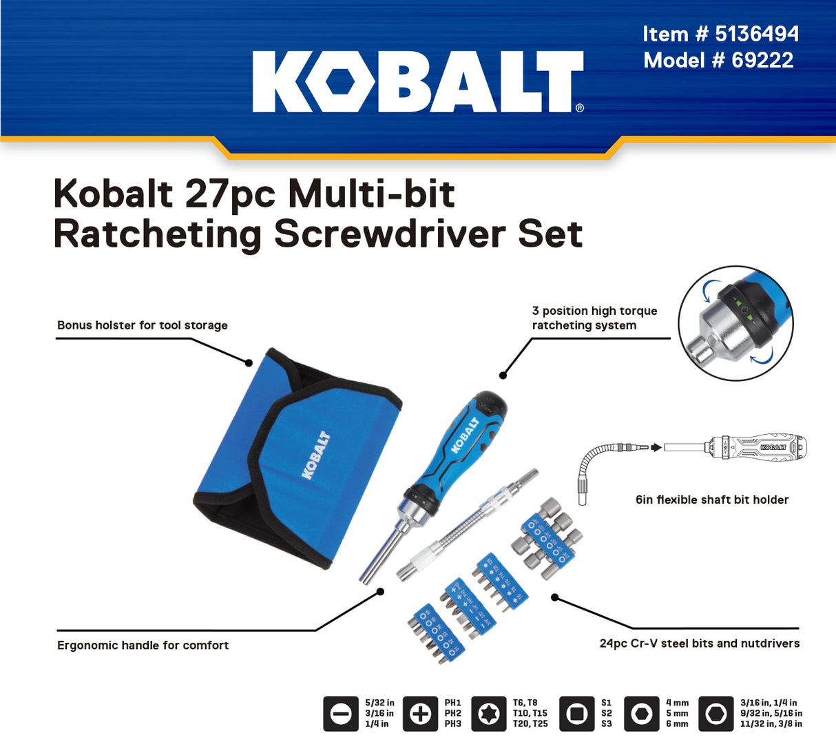 27-Piece Plastic Handle Magnetic Ratcheting Multi-bit Assorted Drive Screwdriver Set 69222