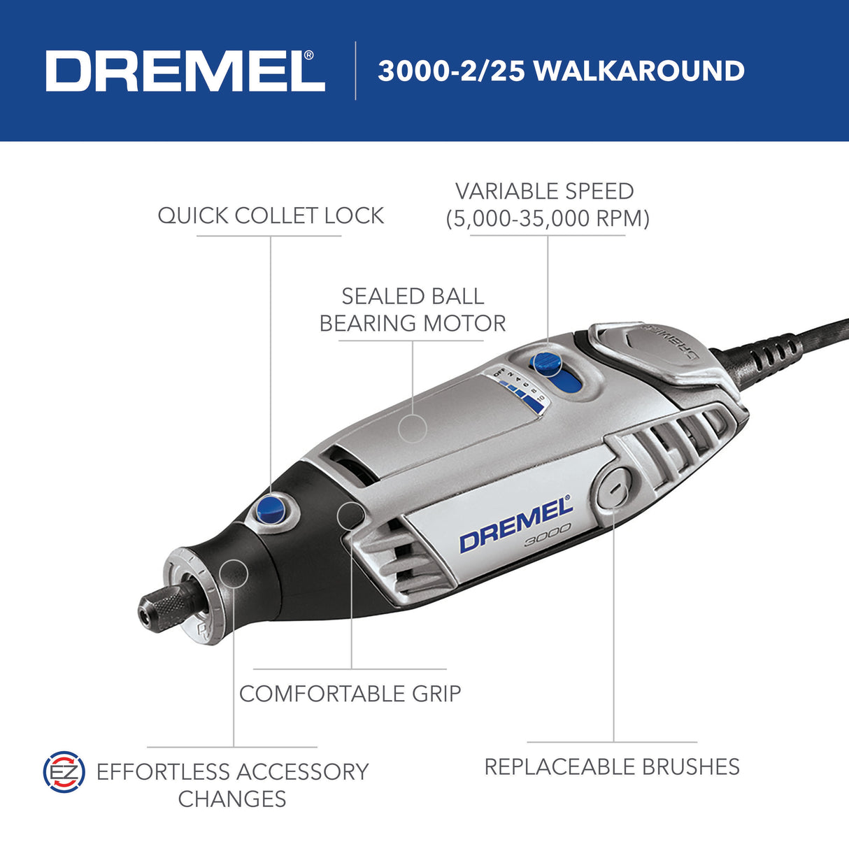 3000-2/25-P Variable Speed Corded 1.2-Amp Multipurpose Rotary Tool 3000-2/25-P