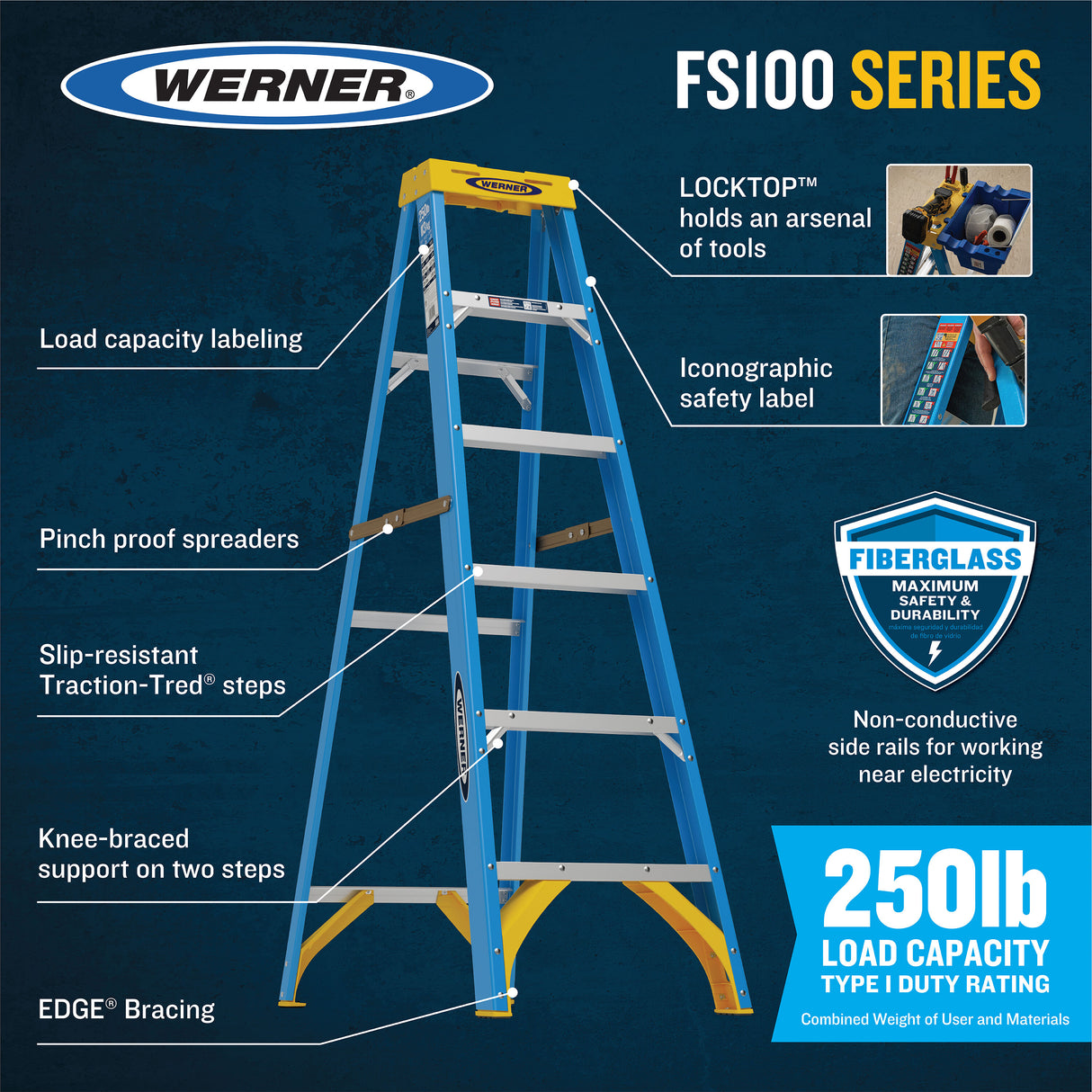 FS100 4-ft Fiberglass Type 1- 250-lb Load Capacity Step Ladder FS104