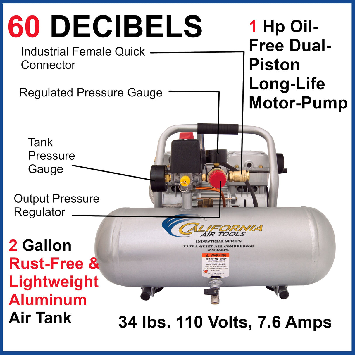 2-Gallon Portable Electric 125 PSI Horizontal Quiet Air Compressor 2010ALFC