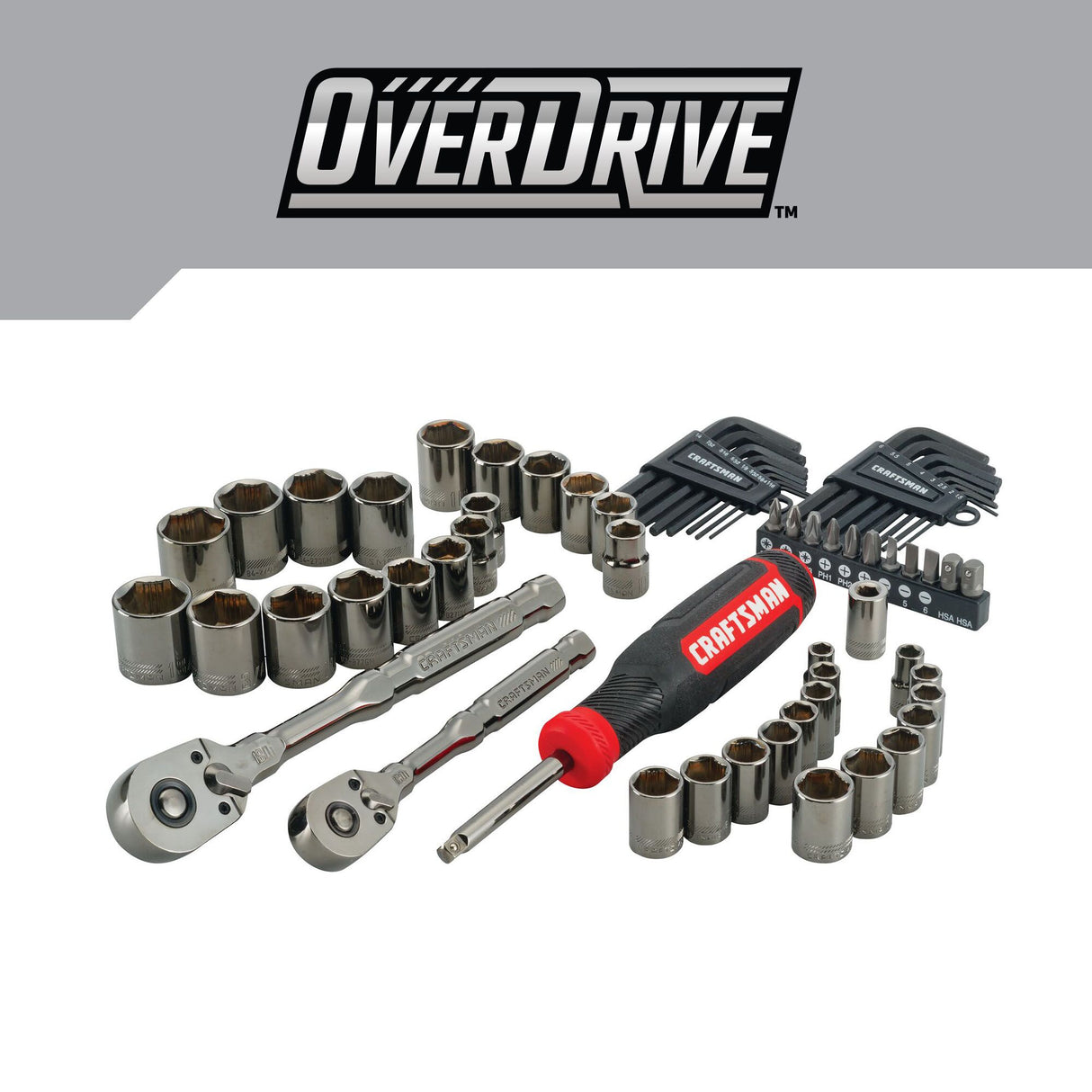 OVERDRIVE 64-Piece Standard (SAE) and Metric Gunmetal Chrome Mechanics Tool Set with Hard Case CMMT99064