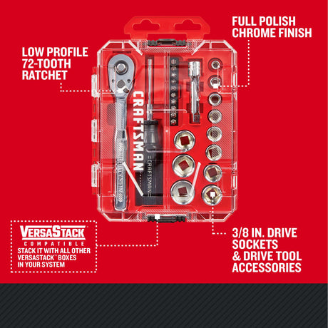 VERSASTACK 24-Piece Standard (SAE) Polished Chrome Mechanics Tool Set with Hard Case CMMT12112