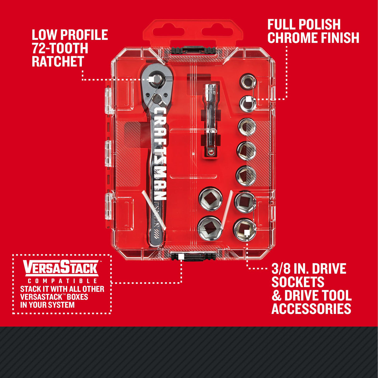 VERSASTACK 11-Piece Standard (SAE) Polished Chrome Mechanics Tool Set with Hard Case CMMT12126