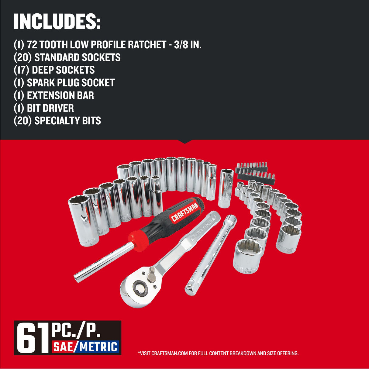 61-Piece Standard (SAE) and Metric Polished Chrome Mechanics Tool Set with Hard Case CMMT45161L