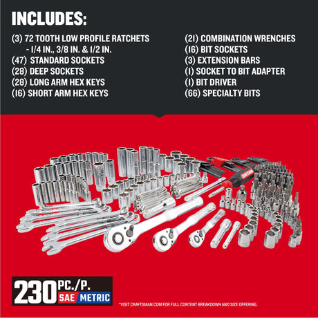 230-Piece Standard (SAE) and Metric Polished Chrome Mechanics Tool Set with Hard Case CMMT45306