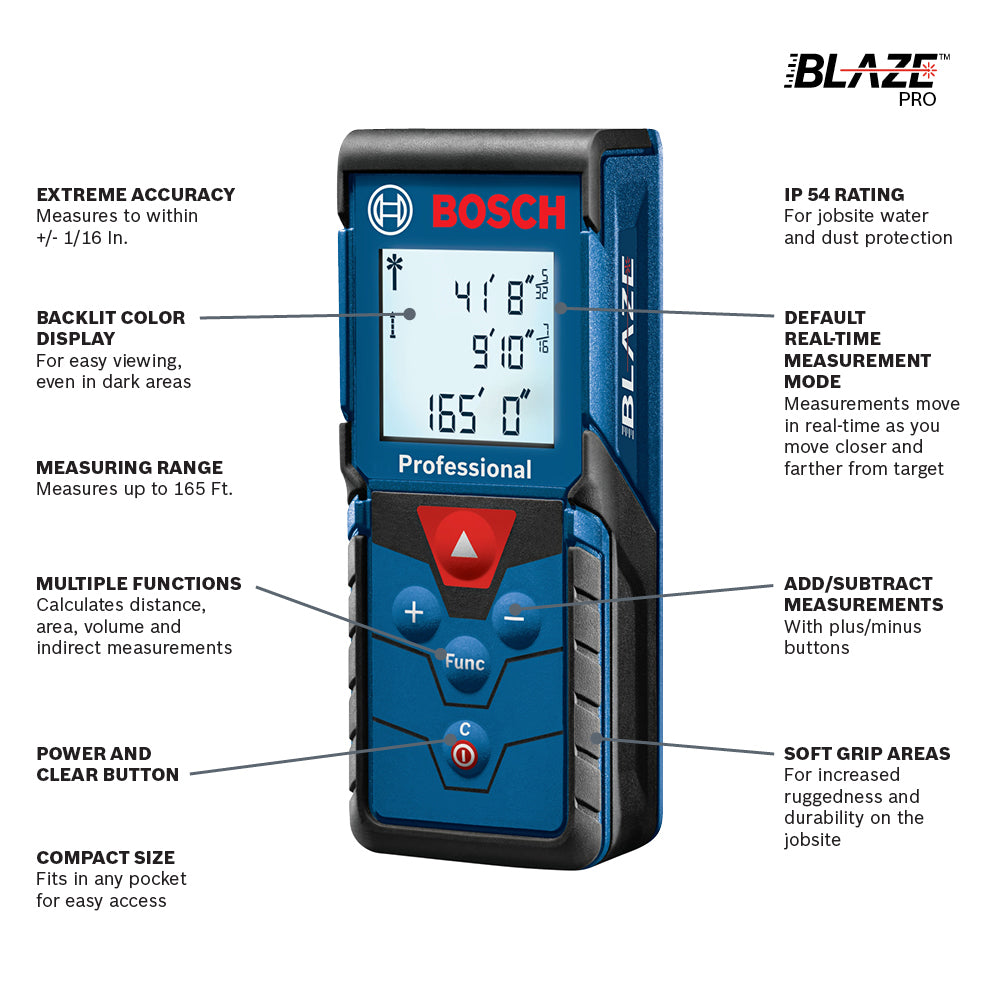 BLAZE 165-ft Indoor Red Laser Distance Measurer with Backlit Display GLM165-40