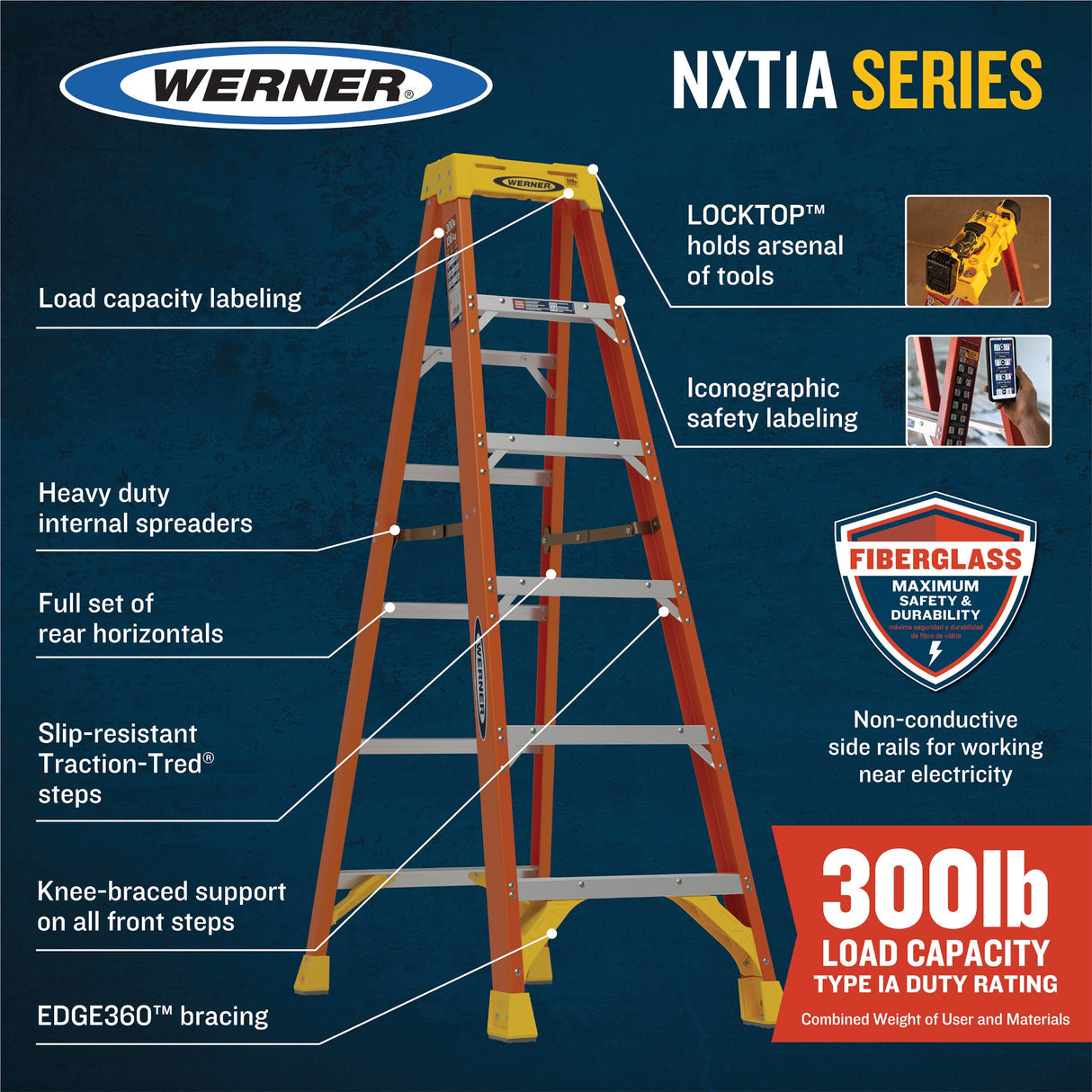 NXT1A 8-ft Fiberglass Type 1A-300-lb Load Capacity Step Ladder NXT1A08