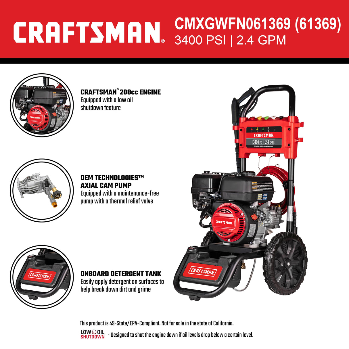 Craftsman (49-State) 3400 PSI 2.4-GPM Cold Water Gas Pressure Washer with 5 Spray Tips CMXGWFN061369