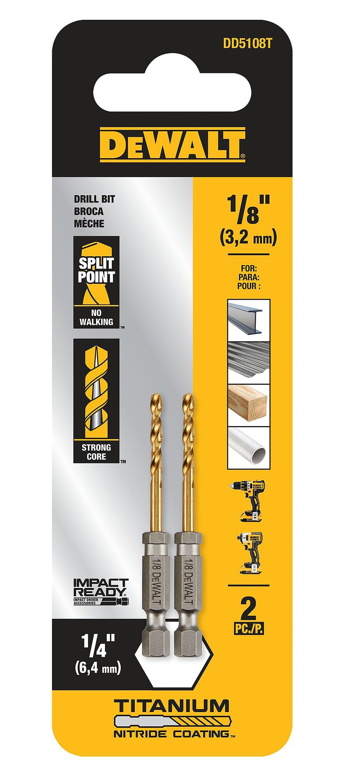 2-Piece 1/8-in x 2-5/8-in Titanium Nitride Coated Hss Jobber Length Twist Drill Bit DD5108T