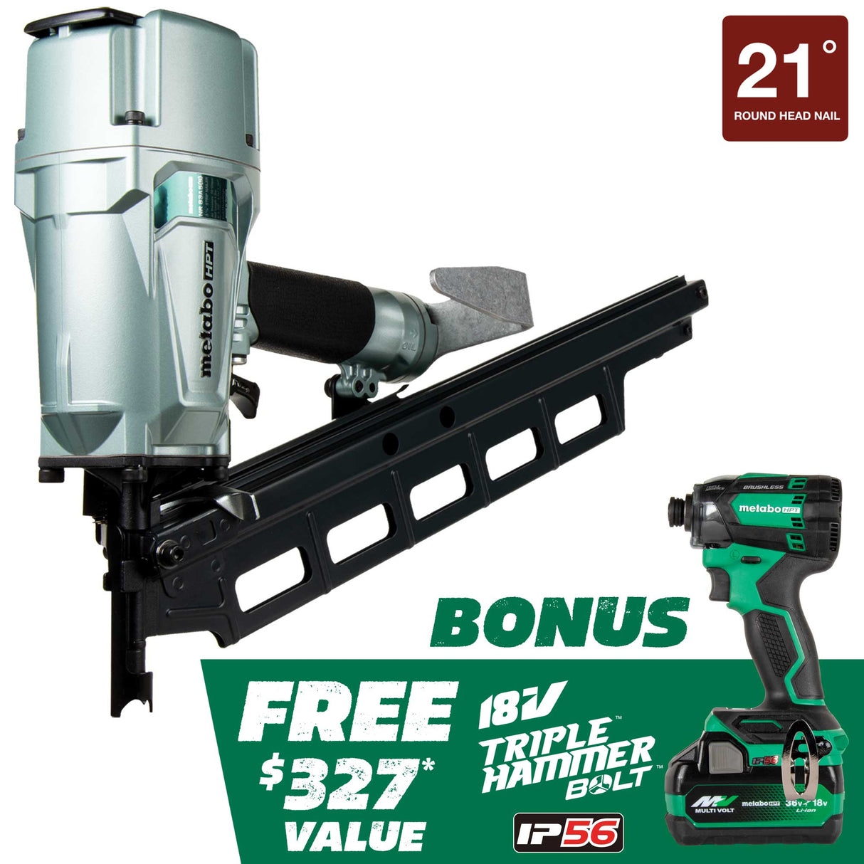 BONUS 18V Triple Hammer Bolt Impact Driver and 3.25-in 21-Degree Pneumatic Framing Nailer (Battery & Charger Included) KNR83A5S