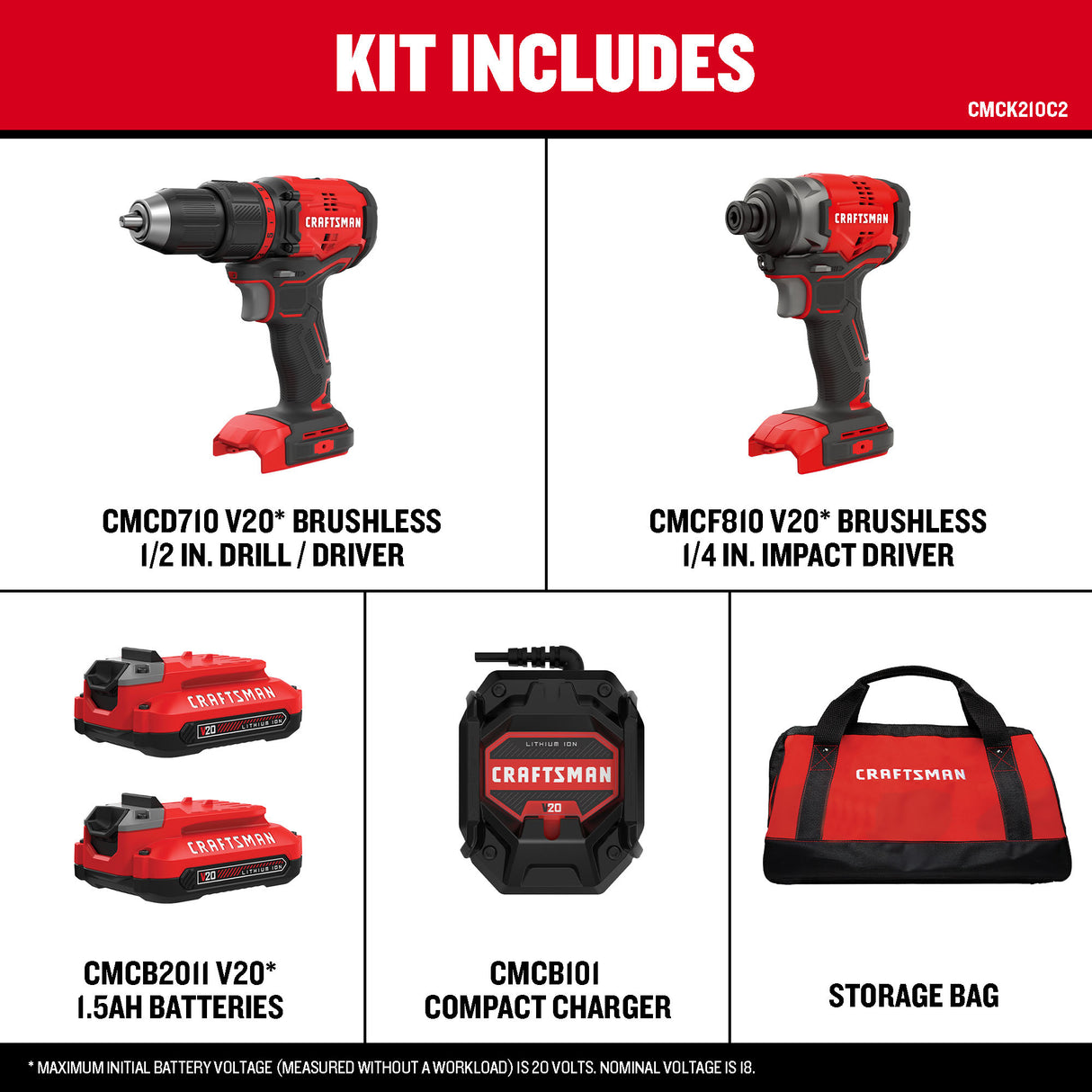 20V Max 2-Tool Brushless Power Tool Combo Kit with Soft Case (2-Batteries Included and Charger Included) CMCK210C2