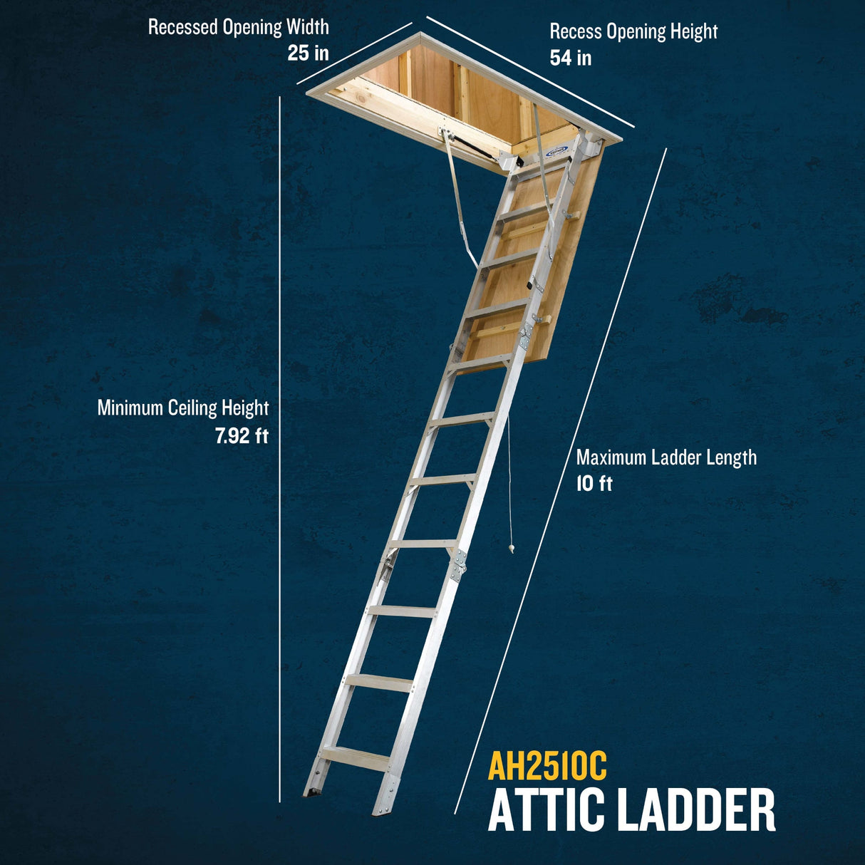 Aluminum Folding Attic Ladder 8-ft to 10-ft (Rough Opening: 25-in x 54-in) with 375-lb Capacity AH2510C