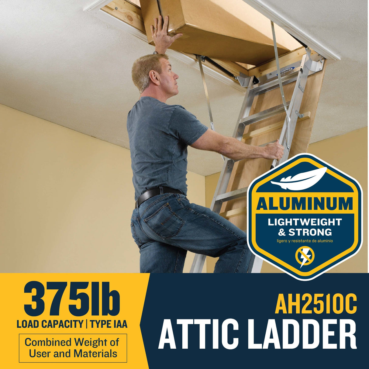 Aluminum Folding Attic Ladder 8-ft to 10-ft (Rough Opening: 25-in x 54-in) with 375-lb Capacity AH2510C