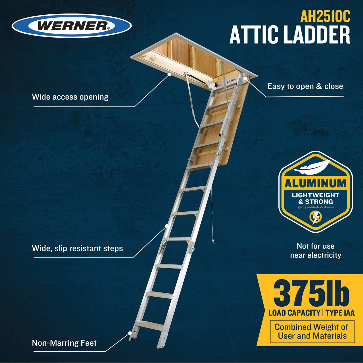 Aluminum Folding Attic Ladder 8-ft to 10-ft (Rough Opening: 25-in x 54-in) with 375-lb Capacity AH2510C