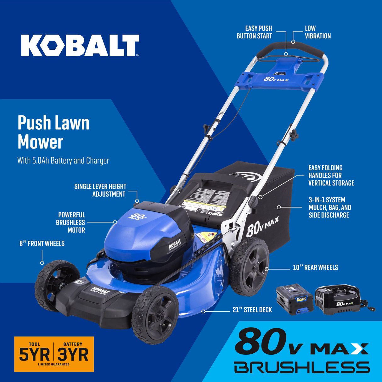 80-volt 21-in Cordless Push Lawn Mower 5 Ah (1-Battery and Charger Included) KM 5080-06