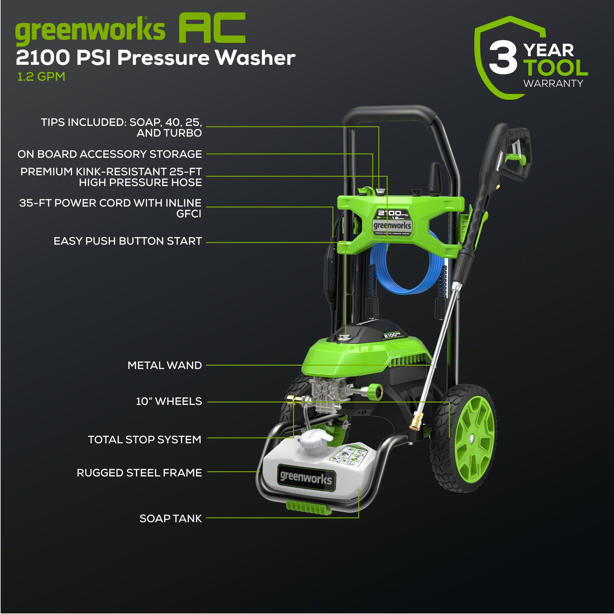 2100 PSI 1.2-GPM Cold Water Electric Pressure Washer with 4 Spray Tips GPW2100