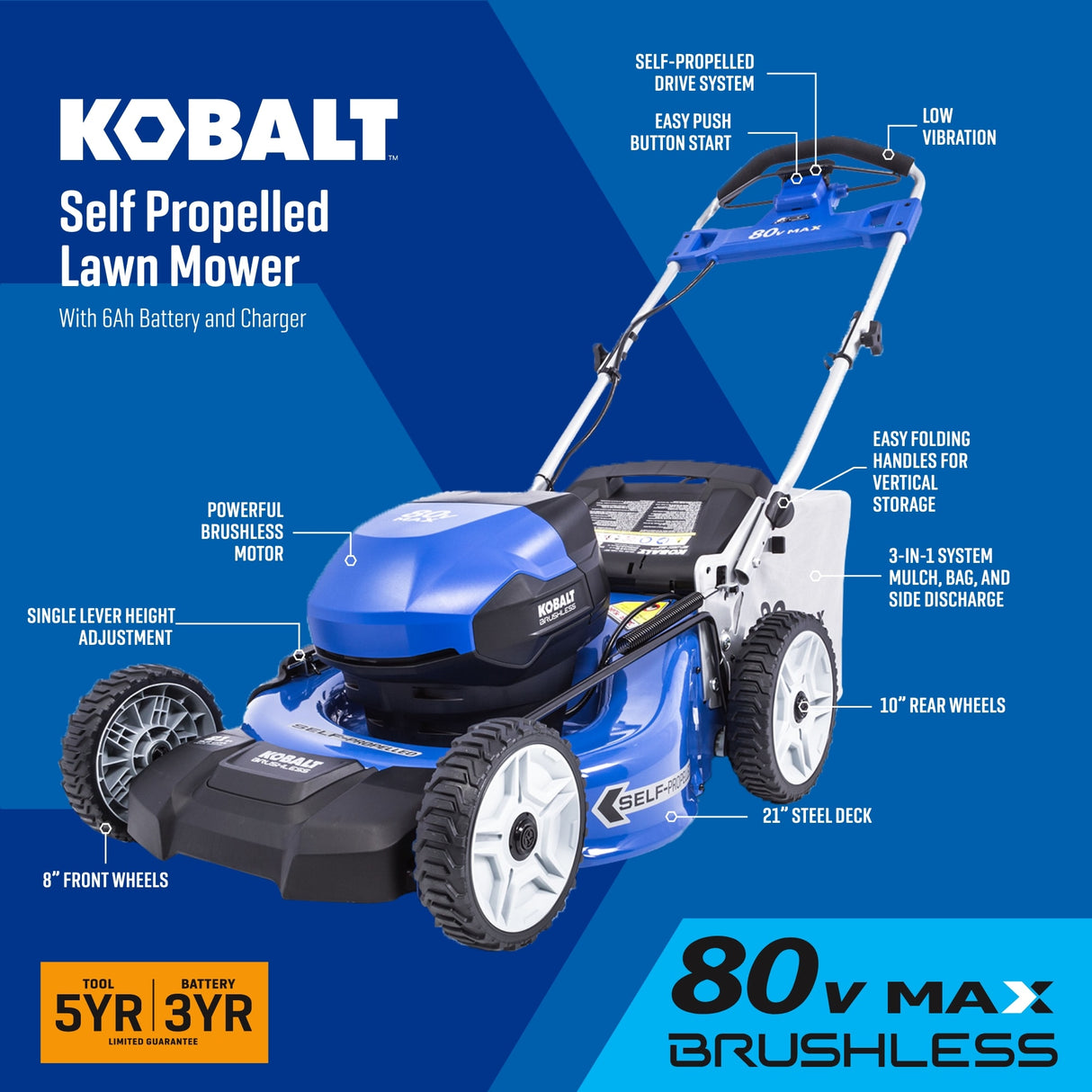 80-volt 21-in Cordless Self-propelled Lawn Mower 6 Ah (1-Battery and Charger Included) KMP 6080-06