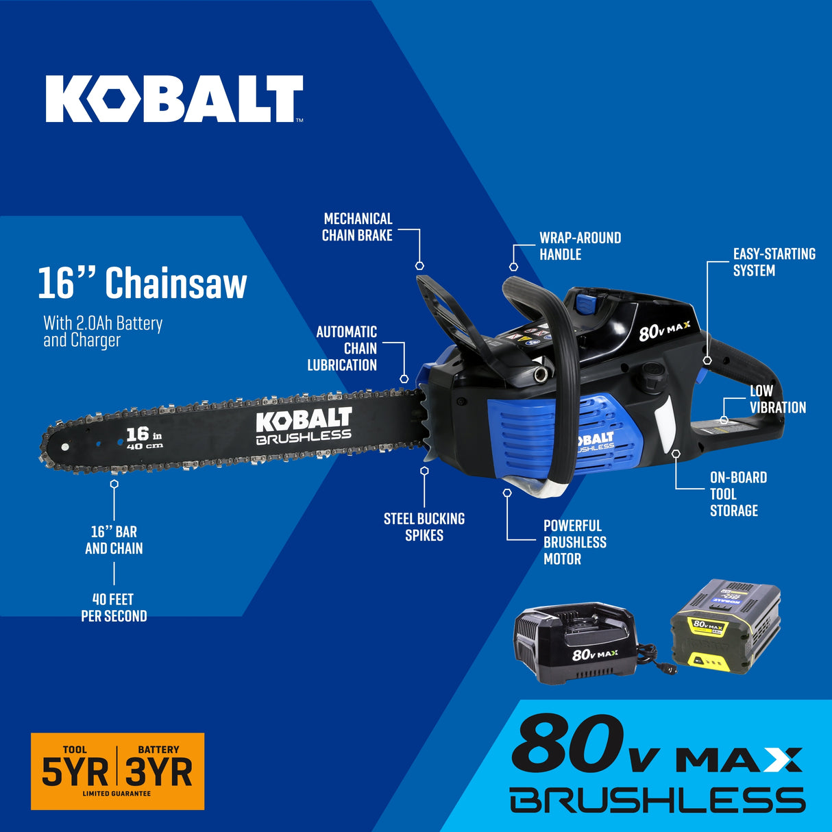 80-volt 16-in Brushless Battery 2 Ah Chainsaw (Battery and Charger Included) KCS280B-06