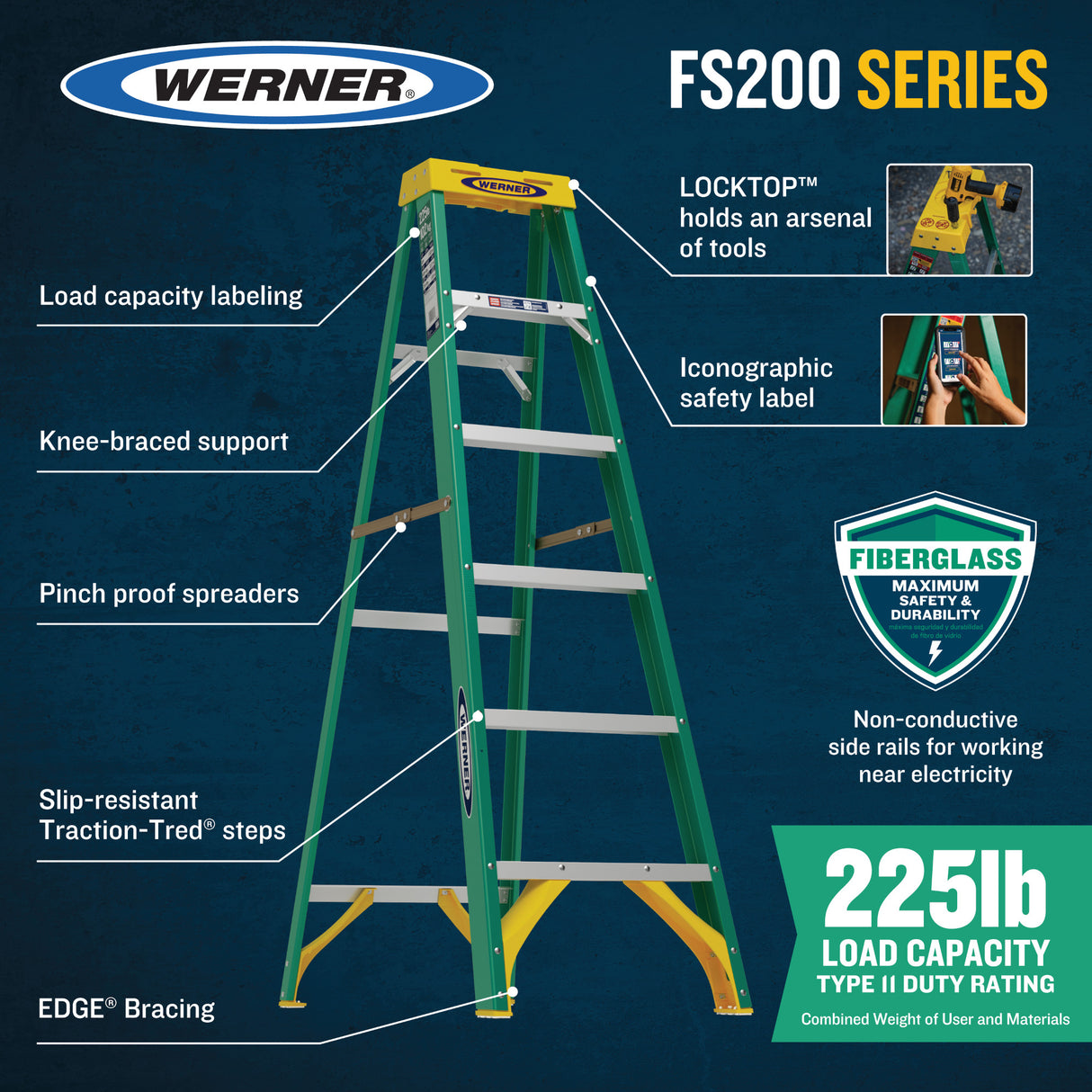 FS200 4-ft Fiberglass Type 2-225-lb Load Capacity Step Ladder FS204