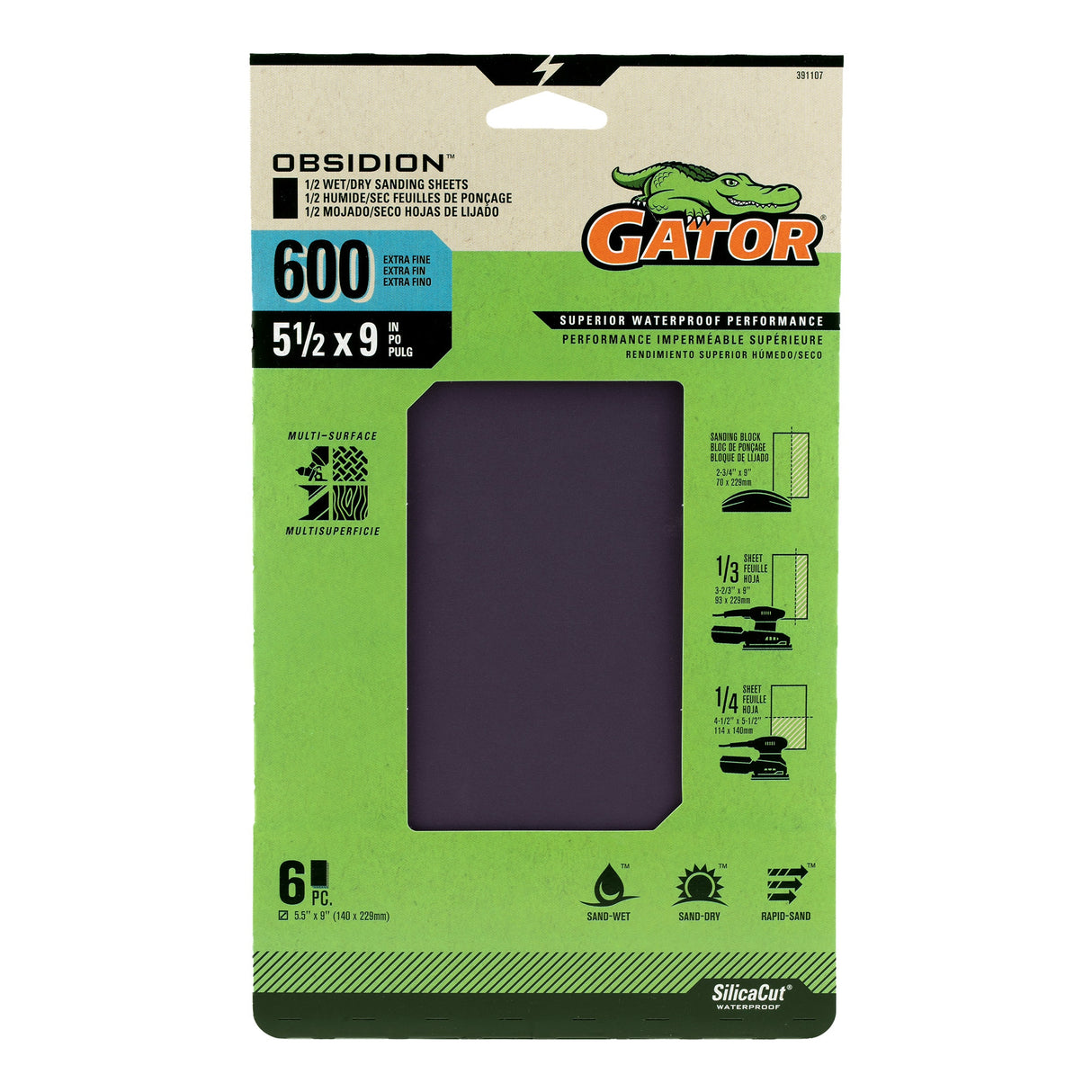 Obsidion 6-Piece Silicon Carbide 600-Grit Sheet Sandpaper GAT-391107